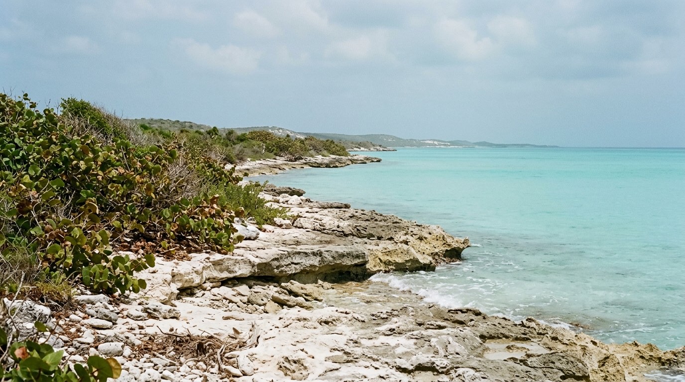 A Caribbean coastline of pale rock and low scrub meeting flat turquoise water under a hazy sky, with no buildings, boats or people