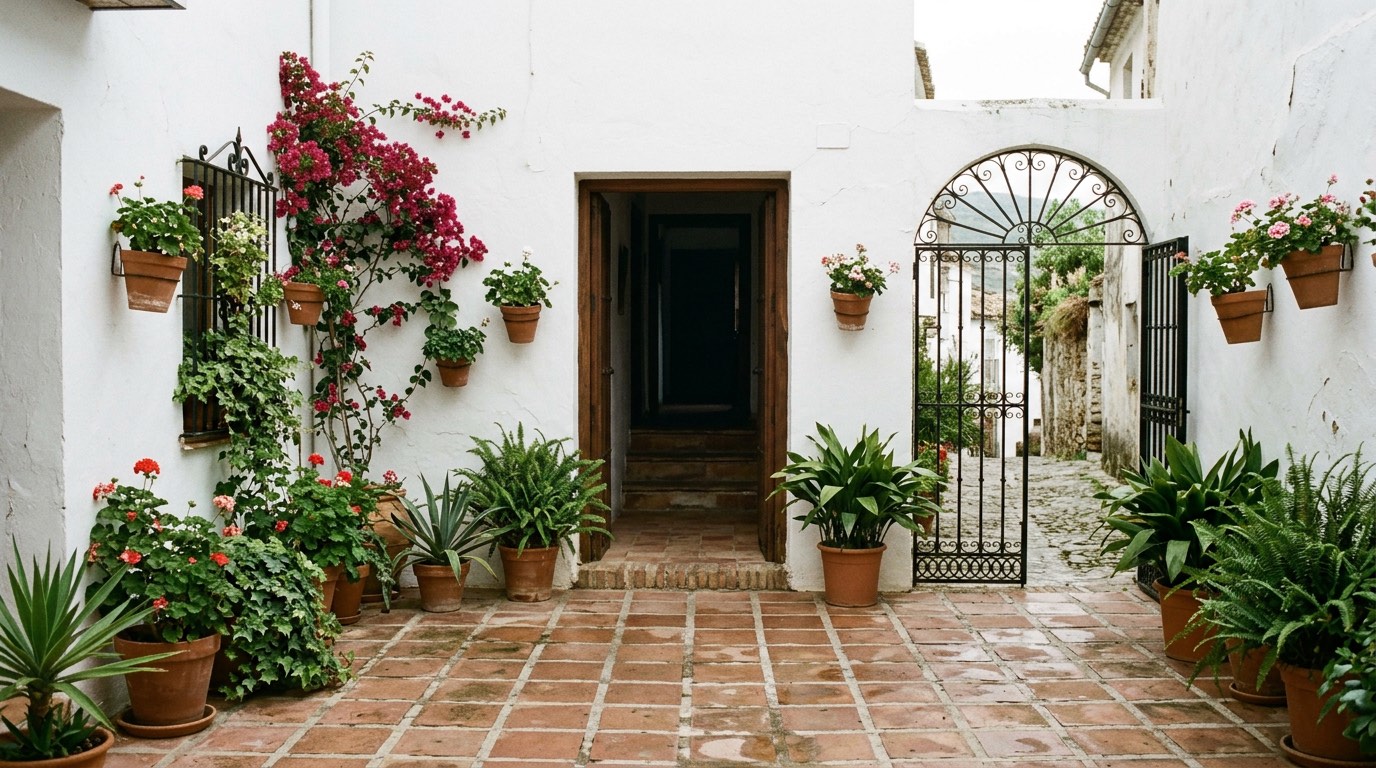 A whitewashed Andalusian courtyard with a tiled floor, potted plants against the walls and an open doorway, in soft shade, with no people