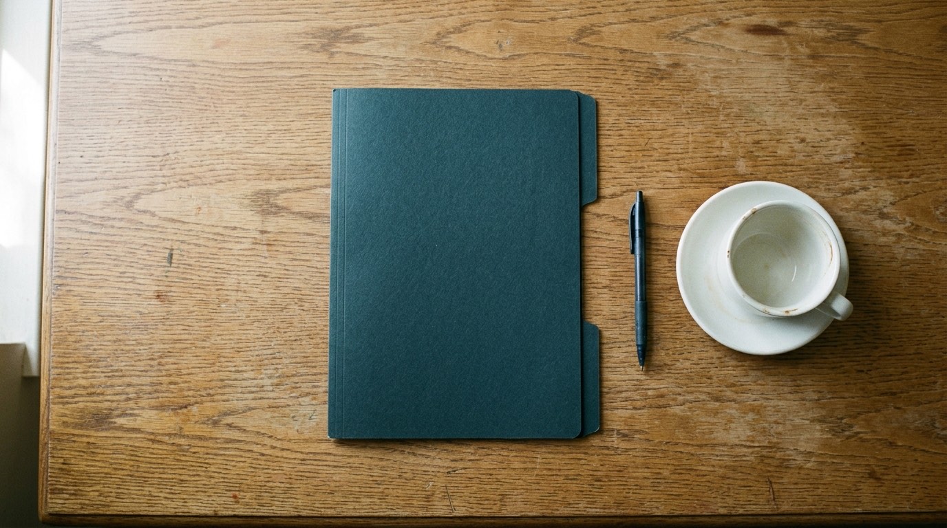 A worn wooden desk photographed straight down in daylight, with a closed folder, a pen and a plain white cup, and nobody present