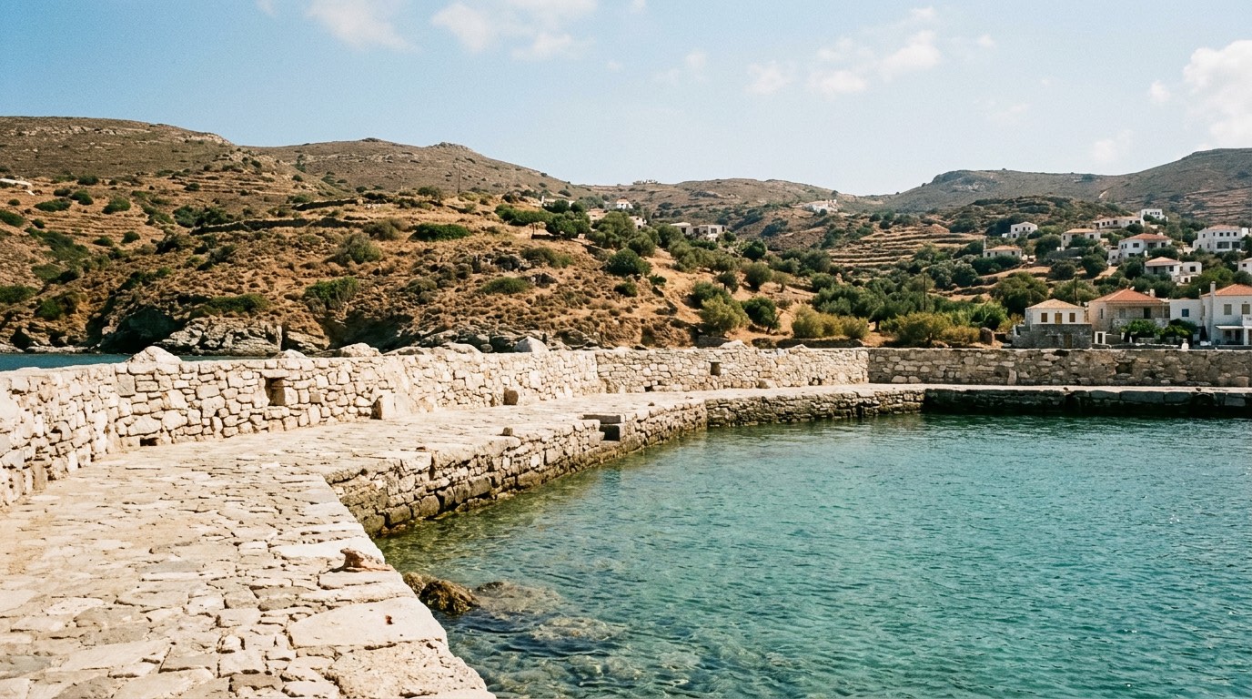 A small Greek island harbor wall of pale rough stone meeting still clear water, with dry hills behind and nobody about