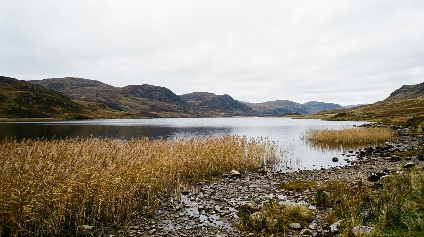 A wide still lake in low upland country under grey cloud, with reed beds at the near edge and bare hills beyond, no boats and no people