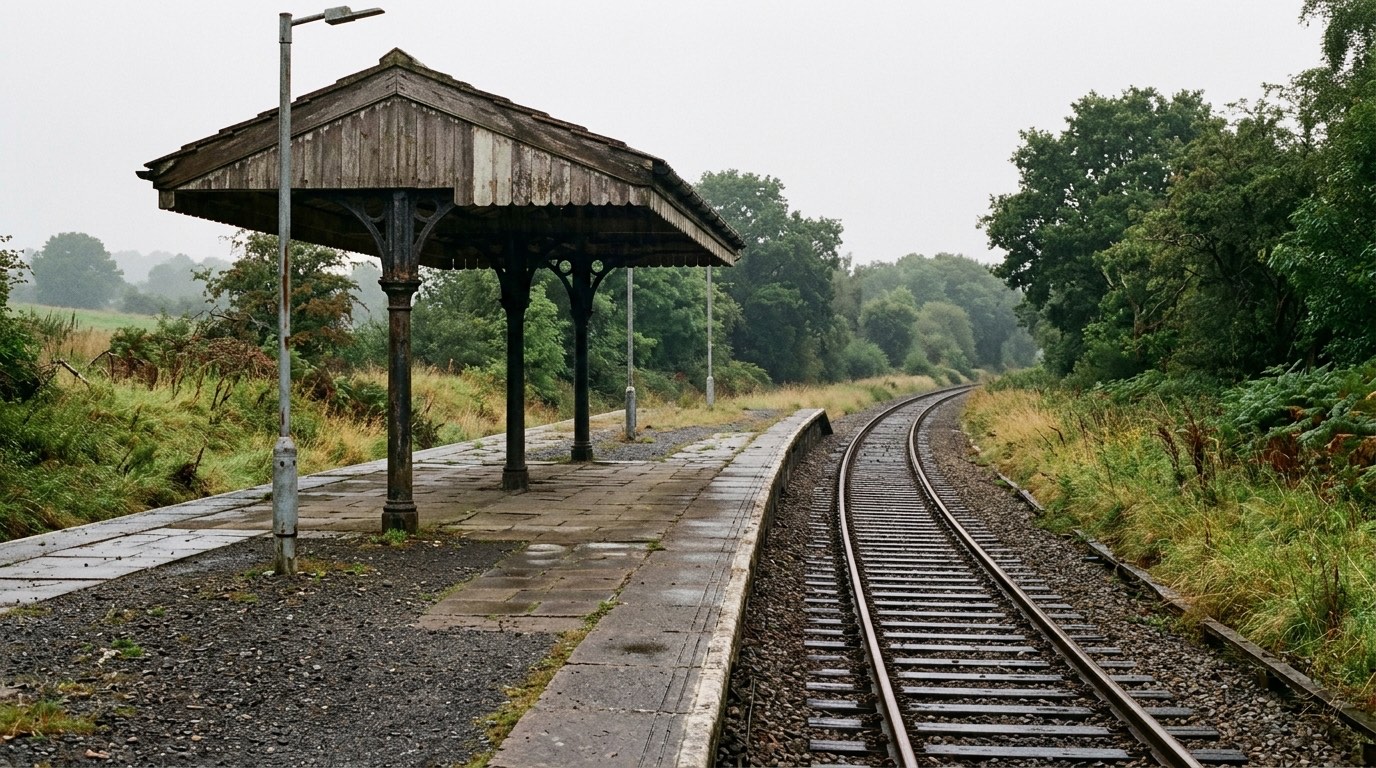 An empty rural railway platform with a low canopy, worn paving and a single track curving away between wet grass banks, under overcast light