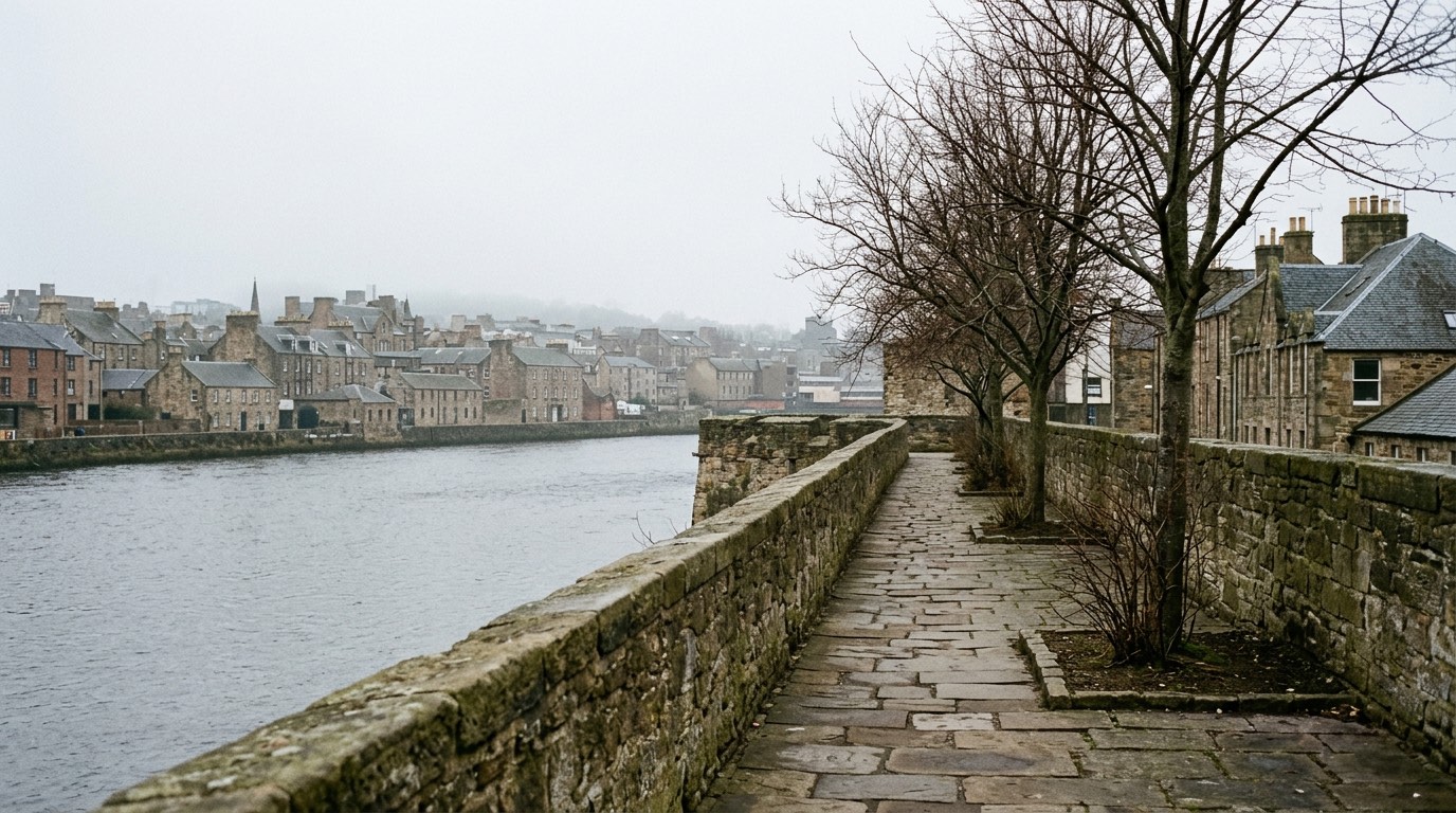 A stone rampart wall above a wide grey river in a northern city, with bare trees along the walk and overcast light, empty of people