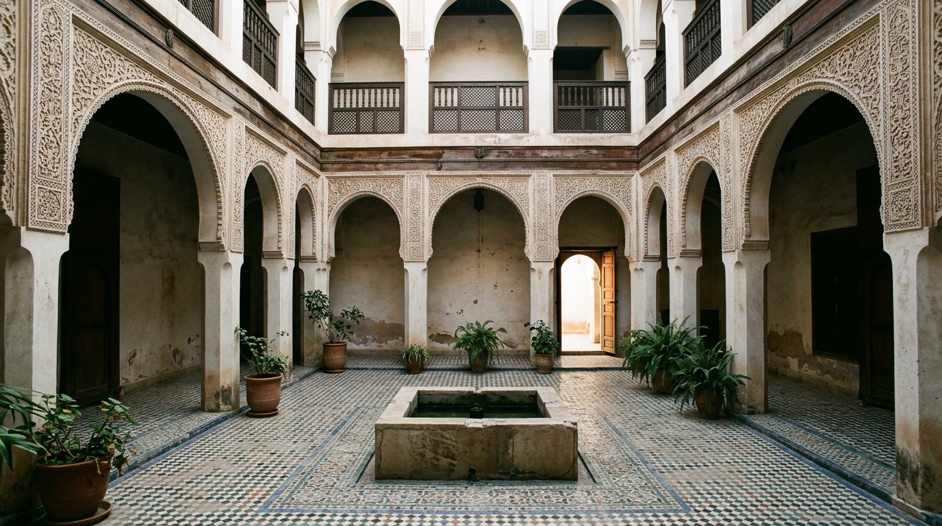 A tiled inner courtyard of a North African house, with a plain fountain basin, carved plaster arches and deep shade, and no people