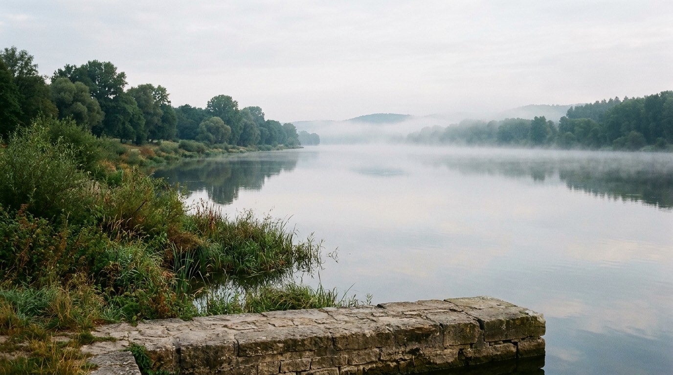 A wide slow European river in flat morning light, with low wooded banks and a stone embankment in the foreground, empty of boats and people