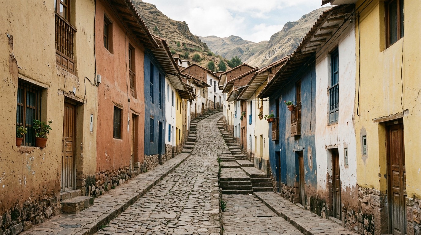 A steep narrow street of low painted colonial houses on a hillside in soft afternoon light, empty of people, with no shop signs or lettering