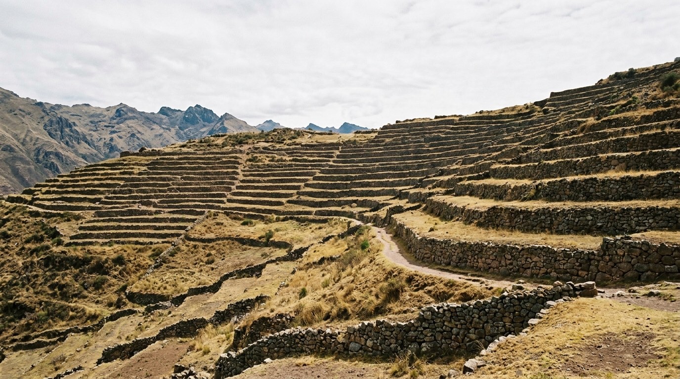 Dry stone agricultural terraces climbing a steep Andean hillside under high thin cloud, with a footpath cut across them and no people
